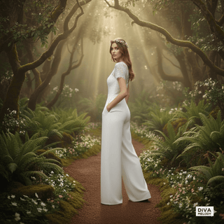 Lace Crepe V - Neck Bridal Jumpsuit with Pockets - Diva Melody