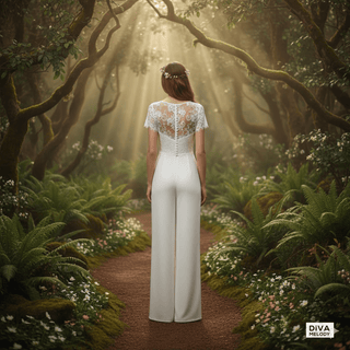 Lace Crepe V - Neck Bridal Jumpsuit with Pockets - Diva Melody