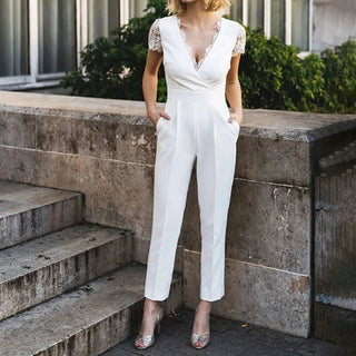 Lace Crepe V - Neck Bridal Jumpsuit with Pockets - Diva Melody