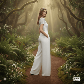 Lace Crepe V - Neck Bridal Jumpsuit with Pockets - Diva Melody