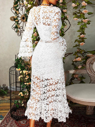 Lace Long Dress Women Elegant White Flare Sleeve Dress - Diva Melody