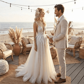Lace Spaghetti Strap High Slit Bridal Gown - Diva Melody