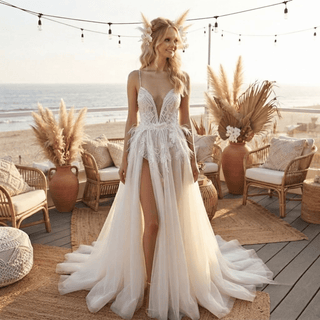 Lace Spaghetti Strap High Slit Bridal Gown - Diva Melody