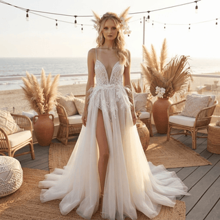 Lace Spaghetti Strap High Slit Bridal Gown - Diva Melody