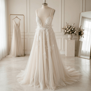 Lace Spaghetti Strap High Slit Bridal Gown - Diva Melody