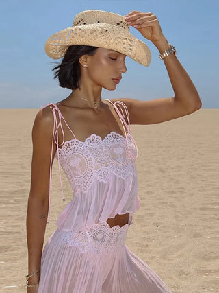 Lace Trim Two-Piece Chiffon Jumpsuit Set - Diva Melody