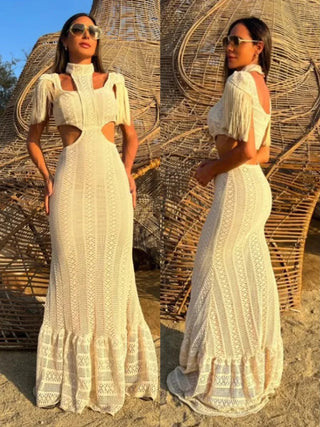 Lace Turtleneck Tassel Sleeve Slim Naked Waist Hollow Out Long Dress - Diva Melody