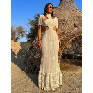 Lace Turtleneck Tassel Sleeve Slim Naked Waist Hollow Out Long Dress - Diva Melody