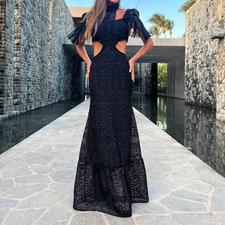 Lace Turtleneck Tassel Sleeve Slim Naked Waist Hollow Out Long Dress - Diva Melody