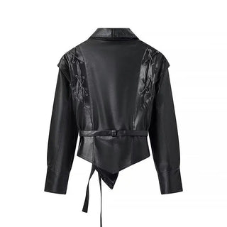 Leather Long Sleeves V - neck Lace - up Coat - Diva Melody