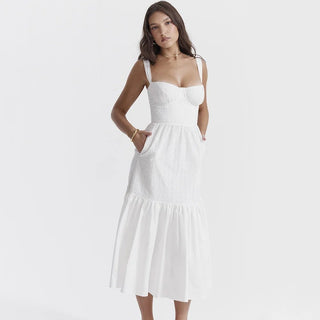 Linen - cotton Blend Jacquard Midi Vacation Dress - Diva Melody