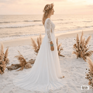 Long Bell Sleeves Wedding Dress - Diva Melody