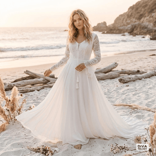 Long Bell Sleeves Wedding Dress - Diva Melody
