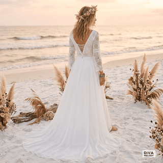 Long Bell Sleeves Wedding Dress - Diva Melody