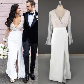 Long Flare Sleeve Ruched Tulle Wedding Dress with High Split - Diva Melody