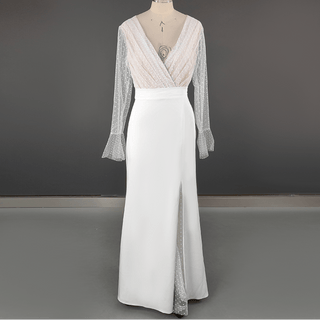 Long Flare Sleeve Ruched Tulle Wedding Dress with High Split - Diva Melody