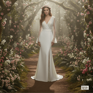 Long Flare Sleeve Tulle Wedding Dress with High Slit - Diva Melody