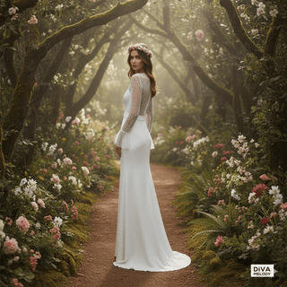 Long Flare Sleeve Tulle Wedding Dress with High Slit - Diva Melody