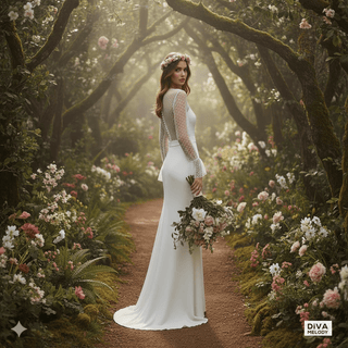 Long Flare Sleeve Tulle Wedding Dress with High Slit - Diva Melody