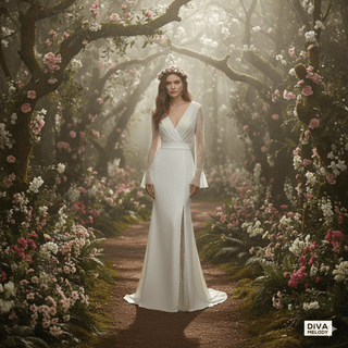 Long Flare Sleeve Tulle Wedding Dress with High Slit - Diva Melody