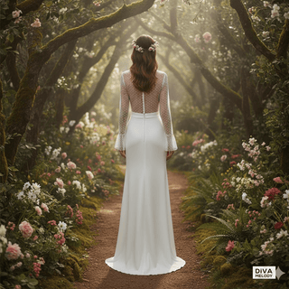 Long Flare Sleeve Tulle Wedding Dress with High Slit - Diva Melody