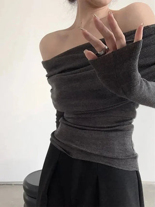 Long Sleeve Knitwear Off the Shoulder Thin Slash Neck Sweater - Diva Melody