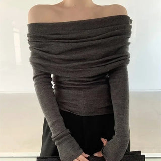 Long Sleeve Knitwear Off the Shoulder Thin Slash Neck Sweater - Diva Melody