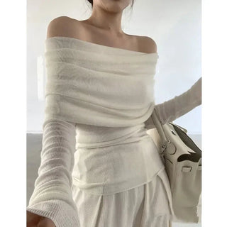 Long Sleeve Knitwear Off the Shoulder Thin Slash Neck Sweater - Diva Melody