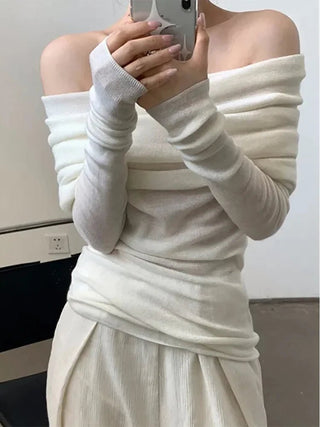 Long Sleeve Knitwear Off the Shoulder Thin Slash Neck Sweater - Diva Melody