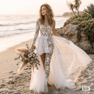 Long Sleeve Lace Bridal Jumpsuit - Diva Melody