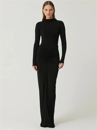 Long Sleeve Pleated Evening Dress - Diva Melody
