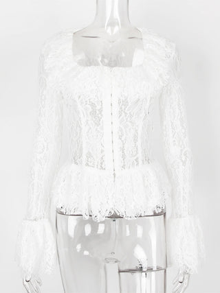 Long Sleeve White Lace Ruffle Top - Diva Melody