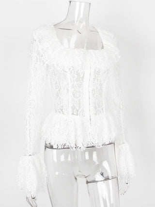 Long Sleeve White Lace Ruffle Top - Diva Melody