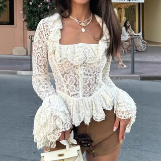 Long Sleeve White Lace Ruffle Top - Diva Melody
