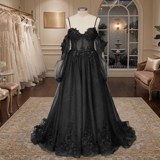 Long Sleeves Black Lace Wedding Dress - Diva Melody
