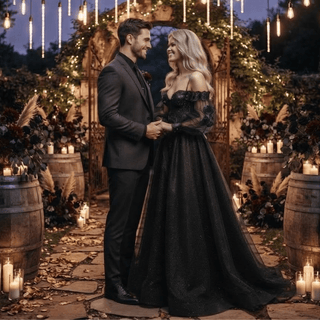 Long Sleeves Black Lace Wedding Dress - Diva Melody