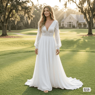 Long Sleeves Chiffon Bridal Gown - Diva Melody