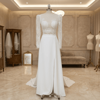 Long Sleeves Crop Top Lace Wedding Dress - Diva Melody