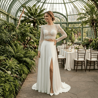 Long Sleeves Crop Top Lace Wedding Dress - Diva Melody
