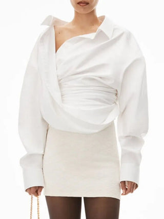 Long Sleeves Draped Unbalced Blouses - Diva Melody