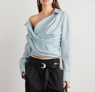 Long Sleeves Draped Unbalced Blouses - Diva Melody