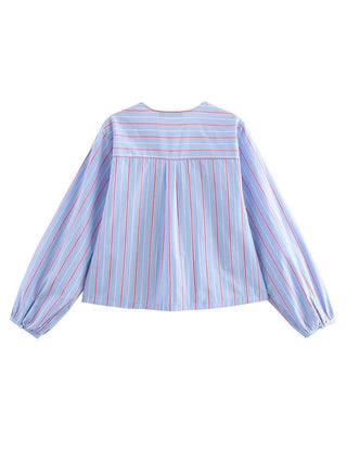 Long Sleeves Lace - Up Striped V - Neck Blouse - Diva Melody