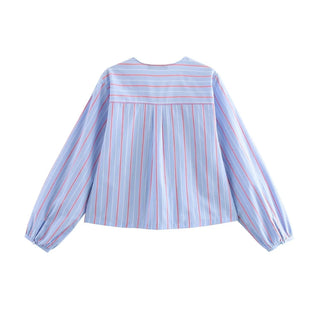 Long Sleeves Lace - Up Striped V - Neck Blouse - Diva Melody