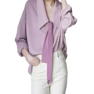 Long Sleeves Solid Necktie Shirt - Diva Melody