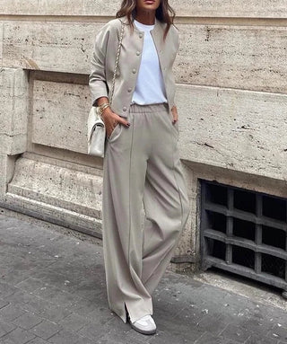 Loose Bomber Jacket Pants Set Beige Coat Wide Leg Pants 2 Pieces Set - Diva Melody