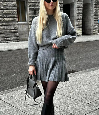 Loose Knitted Cropped Sweater and Skirt - Diva Melody