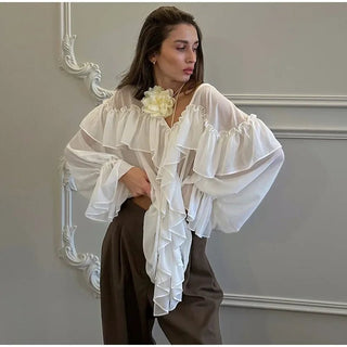 Loose White Ruffle Shirt Chiffon See - Through Top - Diva Melody