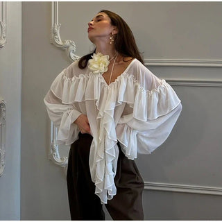 Loose White Ruffle Shirt Chiffon See - Through Top - Diva Melody