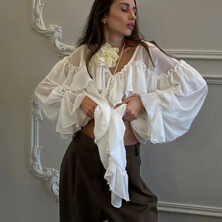 Loose White Ruffle Shirt Chiffon See - Through Top - Diva Melody