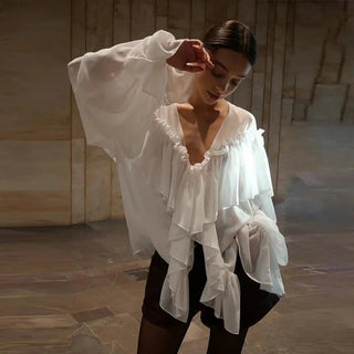Loose White Ruffle Shirt Chiffon See - Through Top - Diva Melody